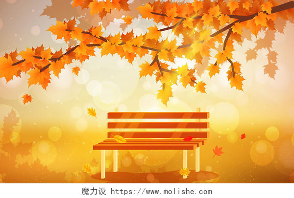 秋天的枫叶飘落黄色调唯美场景插画